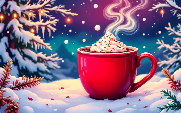 A vibrant red mug of hot cocoa topped with whipped cream and sprinkles sits in a snowy scene, with softly falling snow and glowing lights in the background, creating a cozy winter atmosphere.