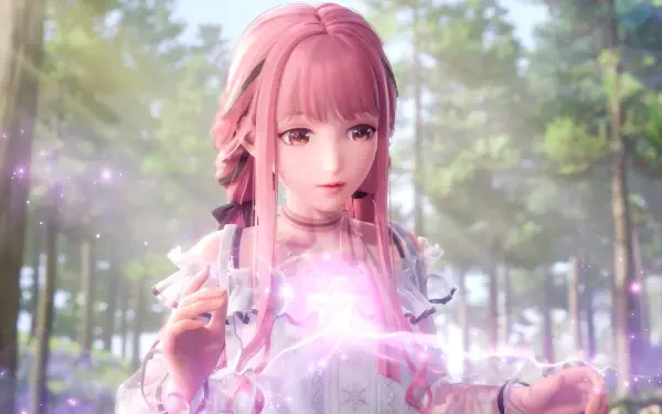 A vibrant HD wallpaper from the video game Infinity Nikki, featuring a character with pink hair in a forest setting, surrounded by magical sparkles.