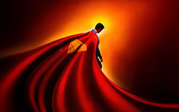 A vibrant 4K Ultra HD wallpaper featuring Superman from the 2025 movie, showcasing the iconic hero in silhouette with his flowing red cape against a dramatic background.