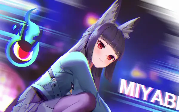 A vibrant HD wallpaper featuring Miyabi from the video game Zenless Zone Zero, showcasing her striking design with dynamic colors and a playful pose against a lively background.