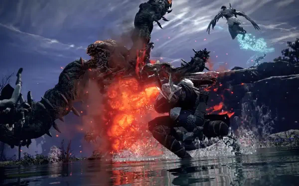 A dynamic scene from the video game Elden Ring Nightreign featuring a fierce battle in a dramatic landscape with fire and water elements, presented in stunning 4K Ultra HD.