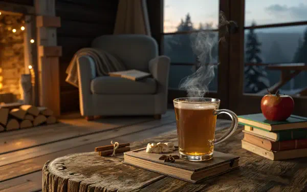 A cozy interior scene featuring a steaming cup of apple cider on a rustic table, surrounded by books and an apple, with a warm fireplace in the background. Ideal for a 4K Ultra HD wallpaper.