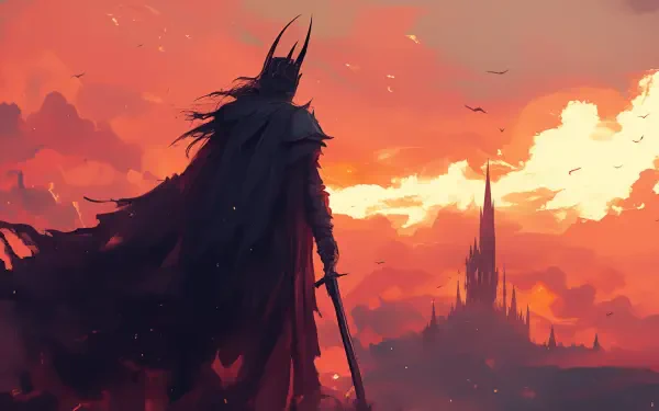 A dramatic HD wallpaper of Sauron from The Lord of the Rings, depicting him poised against a vibrant sunset, with a dark silhouette and an ominous castle in the background.