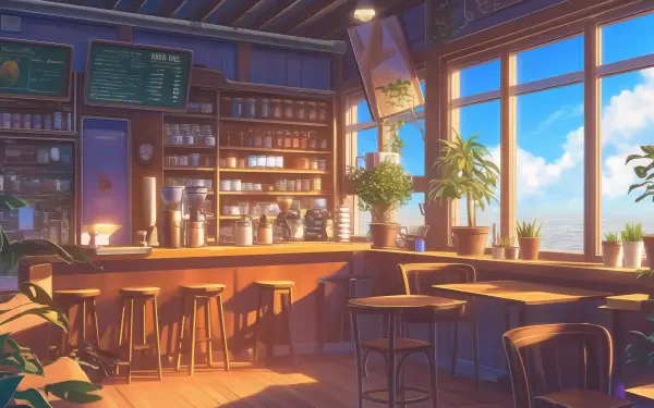 A serene anime-style coffee shop interior with warm lighting, wooden furniture, and large windows showcasing a bright blue sky, creating a cozy lofi atmosphere.