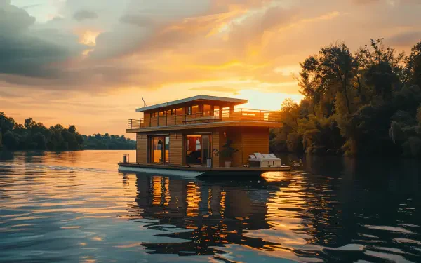 A serene houseboat is anchored on calm waters, reflecting a stunning sunset with vibrant colors and silhouetted trees, creating a tranquil ambiance in this 4K Ultra HD wallpaper.