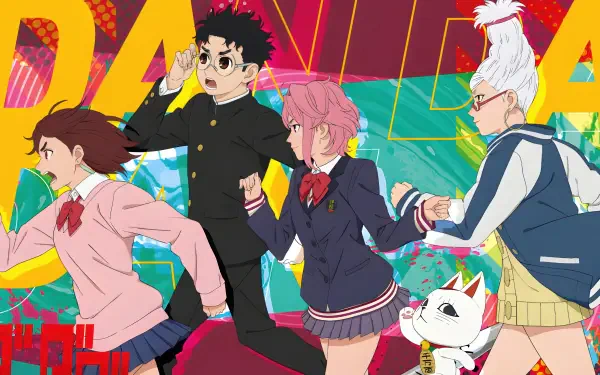 Dandadan 4K Ultra HD PC desktop wallpaper: four anime characters and a small cat-like spirit run across a vibrant neon background with bold DANDADAN lettering.