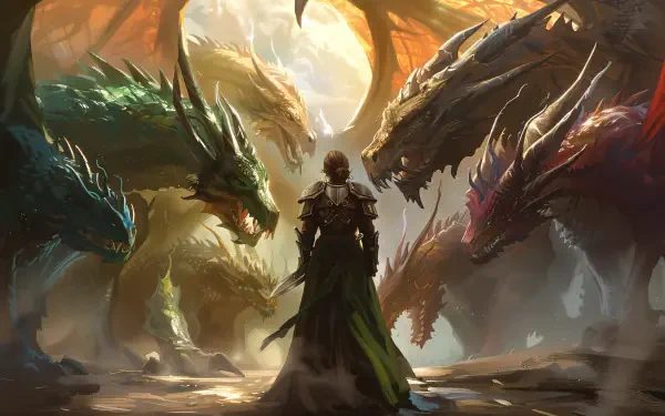A paladin stands confidently before a circle of majestic dragons, embodying a fantasy realm in this stunning 4K Ultra HD desktop wallpaper.