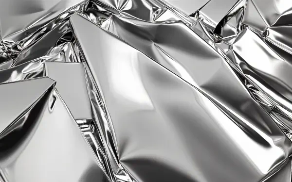 A close-up of crumpled silver foil, showcasing intricate folds and reflections, designed as a striking 4K Ultra HD PC desktop wallpaper and background.