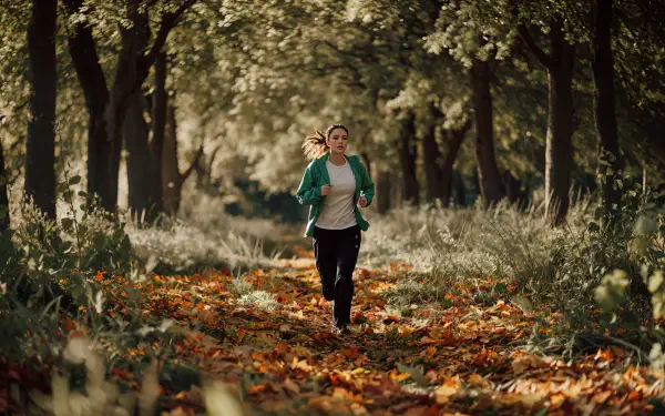 A person jogs through a tree-lined path covered in autumn leaves, capturing the essence of outdoor fitness in a serene setting. 4K Ultra HD PC desktop wallpaper background.