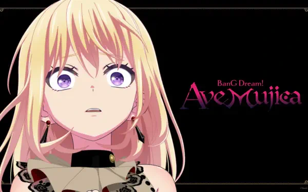 Anime-themed HD wallpaper featuring a character from BanG Dream! Ave Mujica, with striking blonde hair and violet eyes, set against a dark background.