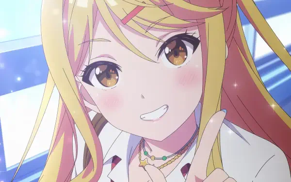 Anime-inspired HD wallpaper featuring a smiling girl with long blonde hair, from I'm Getting Married to a Girl I Hate in My Class, radiating cheerful energy.