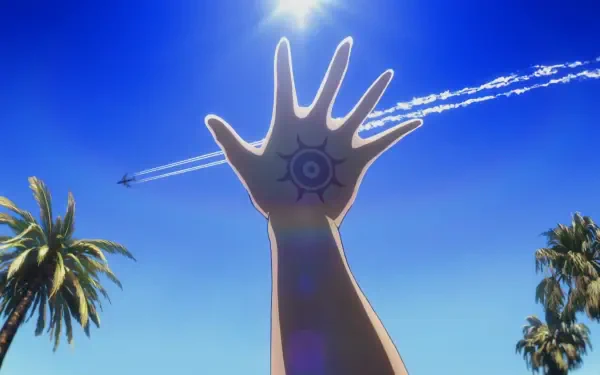 A vibrant scene from the anime Fate/strange fake, featuring a hand reaching towards a bright sun in a clear blue sky, complemented by palm trees and a plane's contrail overhead.