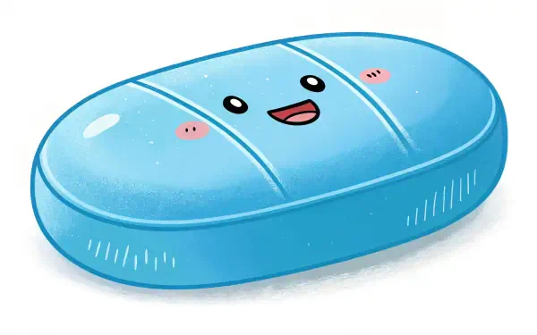 A cute, cartoonish blue pill with a smiling face and rosy cheeks, designed as a vibrant 4K Ultra HD PC desktop wallpaper and background.