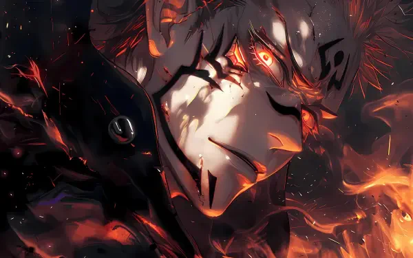 4K Ultra HD PC desktop wallpaper featuring Sukuna from Jujutsu Kaisen with fiery eyes and dark markings amid flames and shadows.