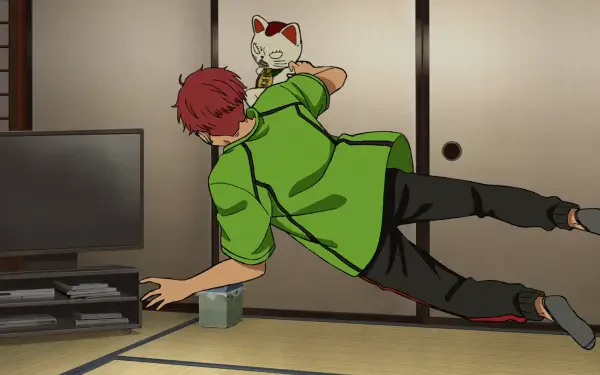 Dandadan 2K wallpaper: red-haired Jin Enjouji in a green jacket dives toward a beckoning maneki‑neko in a tatami room; tagged Momo Ayase and Seiko Ayase.