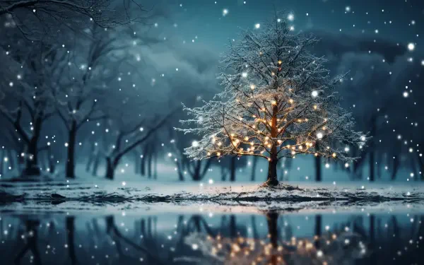 A snow-covered tree adorned with warm Christmas lights stands by a reflective frozen pond, creating a serene New Year 4K Ultra HD desktop wallpaper scene.