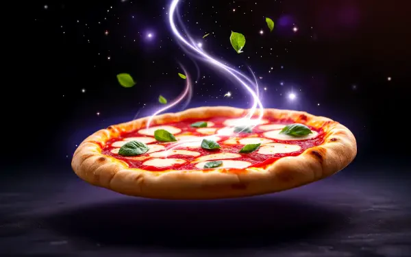 A vibrant margherita pizza, topped with fresh basil leaves, floats against a dark, magical background, showcasing its delicious toppings in stunning 4K Ultra HD resolution.