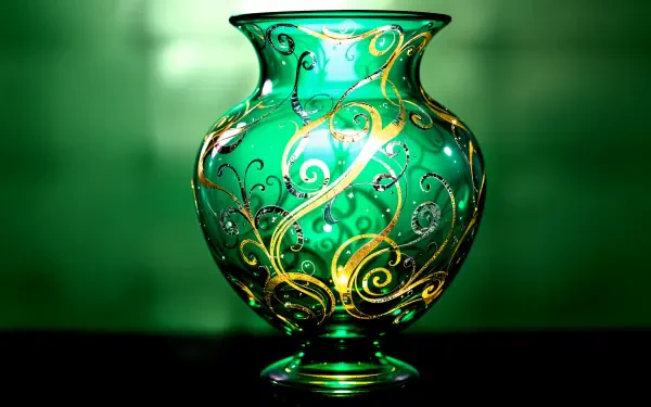 A beautifully designed green vase with intricate golden and silver swirls, featured as a stunning 4K Ultra HD PC desktop wallpaper and background.