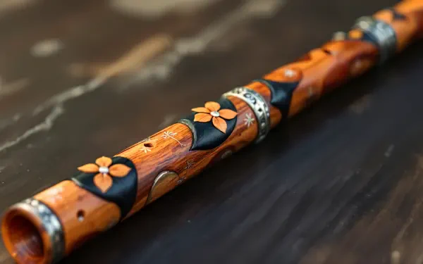 A beautifully crafted wooden flute adorned with floral engravings, resting on a dark surface, captured in stunning 4K Ultra HD clarity for a visually striking desktop wallpaper.