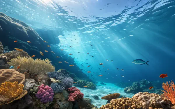 A vibrant underwater scene features colorful corals and diverse fish, illuminated by sunlight filtering through the water, captured in stunning 4K Ultra HD.