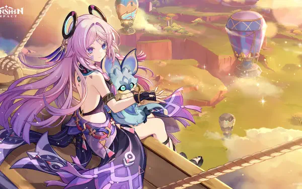 HD PC desktop wallpaper featuring Citlali from Genshin Impact, a girl character holding a small creature against a colorful sky with hot air balloons.