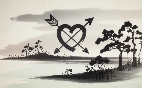 A serene monochrome landscape featuring trees and an artistic heart pierced by arrows, symbolizing hope. This 4K Ultra HD wallpaper adds a thoughtful touch to any desktop.