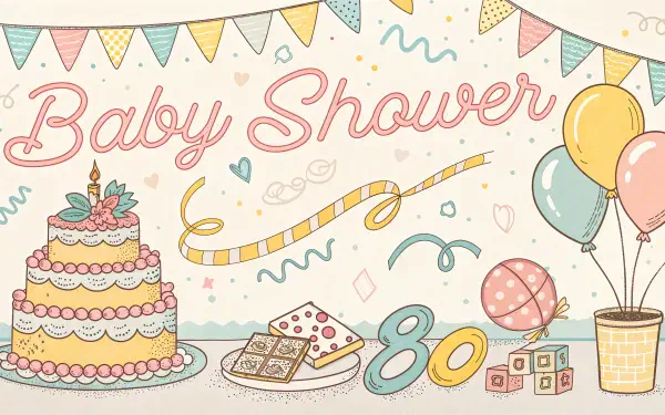 A whimsical baby shower scene featuring a colorful cake, treats, balloons, and festive decorations. This 4K Ultra HD wallpaper adds charm to your desktop background.