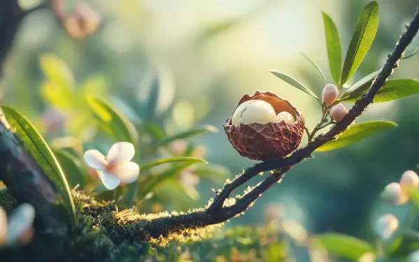 A close-up of a macadamia nut nestled on a branch, surrounded by delicate flowers and lush greenery, captured in vibrant detail for a stunning 4K Ultra HD background.