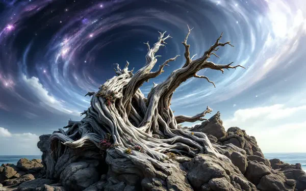 A striking driftwood sculpture atop rocky terrain, surrounded by a swirling cosmic sky, captures a blend of natural beauty and surrealism, showcased as a 4K Ultra HD PC desktop wallpaper.