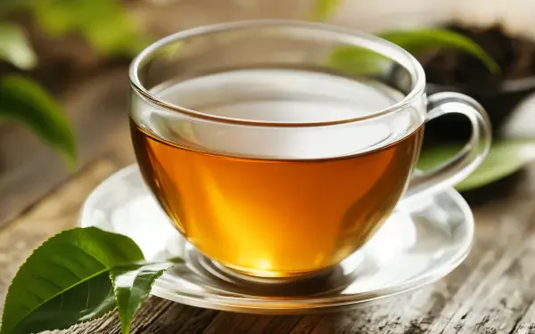 A clear glass cup filled with vibrant oolong tea sits on a saucer, surrounded by fresh tea leaves, set against a rustic wooden background. 4K Ultra HD wallpaper.
