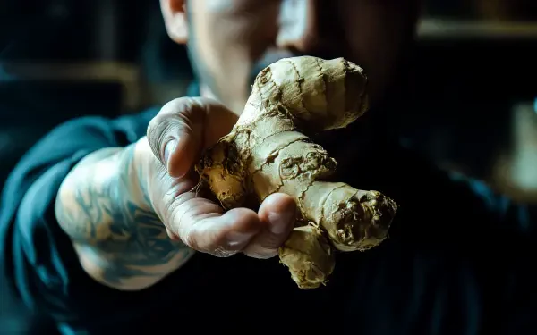 A close-up of a person holding fresh ginger with tattoos visible on their arm, set against a dark background, showcasing the vibrant texture of the ginger root in stunning 4K Ultra HD.