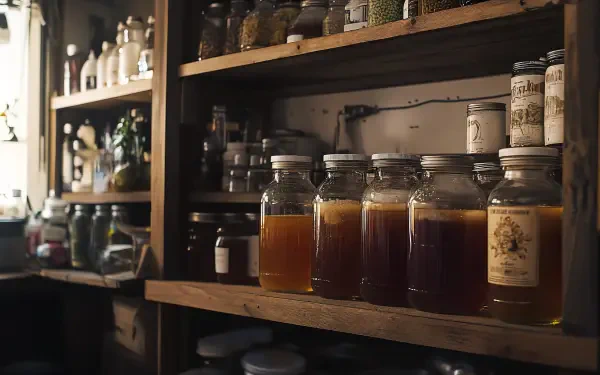 A rustic shelf filled with glass jars of kombucha in various shades, showcasing the brewing process in a cozy, warmly lit space. A vibrant 4K Ultra HD wallpaper.