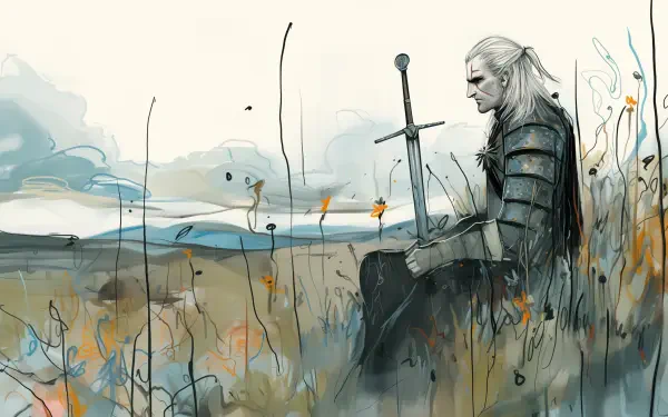 A striking HD wallpaper featuring Geralt of Rivia from The Witcher, depicted in a serene landscape, surrounded by tall grass and a moody sky, embodying the essence of the video game.