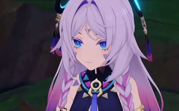 A striking HD wallpaper from Genshin Impact featuring Citlali, showcasing her unique hairstyle and expressive blue eyes against a vibrant background.