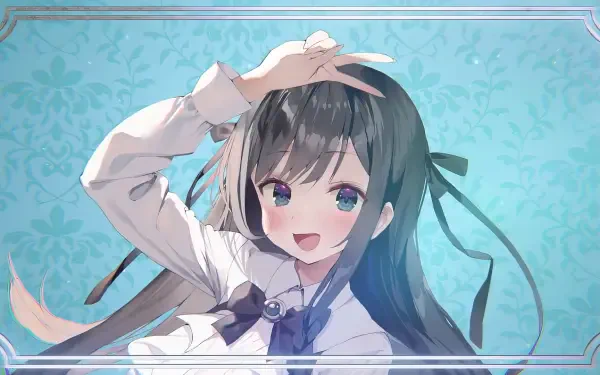 A cheerful anime character with long hair and a playful expression, set against a soft blue background. This HD wallpaper is inspired by I May Be a Guild Receptionist But I'll Solo Any Boss to Clock Out on Time.