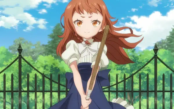 An HD PC desktop wallpaper featuring a determined female character from the anime Magic Maker: Isekai Mahou no Tsukurikata, poised with a wooden sword against a vibrant sky.