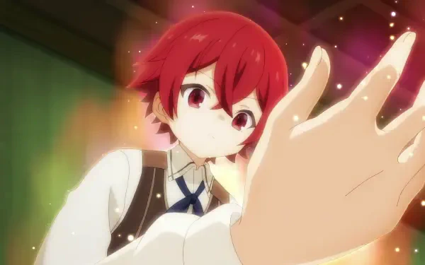 A character from the anime Magic Maker: Isekai Mahou no Tsukurikata is seen focusing intently, with glowing magical particles surrounding his hand, set against a colorful background.