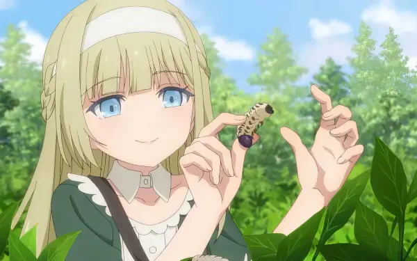 A character from the anime Magic Maker: Isekai Mahou no Tsukurikata holds a caterpillar, surrounded by lush greenery, creating a vibrant and enchanting HD desktop wallpaper.