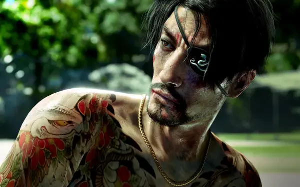 A dynamic HD wallpaper featuring a character from the video game Like a Dragon: Pirate Yakuza, showcasing his intricate tattoos and intense expression against a vibrant Hawaiian backdrop.