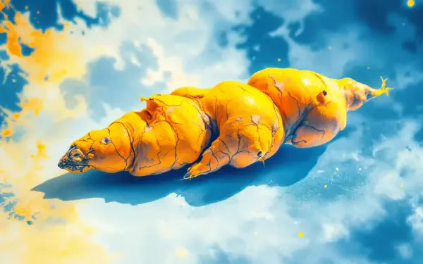 A vibrant 4K Ultra HD wallpaper featuring a close-up of turmeric roots against a soothing blue background, showcasing their distinctive texture and rich golden color.