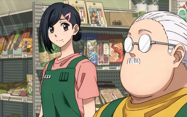 Anime — Sakamoto Days HD PC desktop wallpaper: Aoi Sakamoto in a green apron and Taro Sakamoto with round glasses stand in a shop-style background.