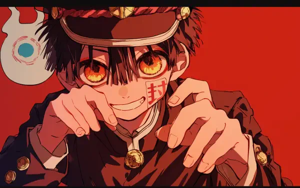 A vibrant HD desktop wallpaper featuring Hanako-kun from the anime Toilet-bound Hanako-kun, showcasing his playful expression and distinctive style against a striking red background.