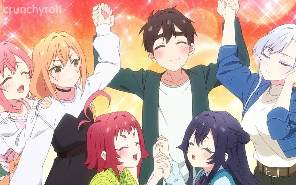 Anime-inspired HD wallpaper featuring characters from The 100 Girlfriends Who Really Really Really Really Really Love You, celebrating joyfully with vibrant colors and cheerful expressions.