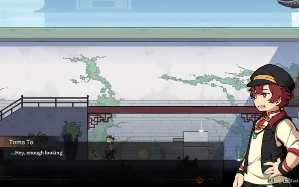 A vibrant HD wallpaper from the video game Threefold Recital, featuring Toma To in a stylized setting with dialogue overlay.