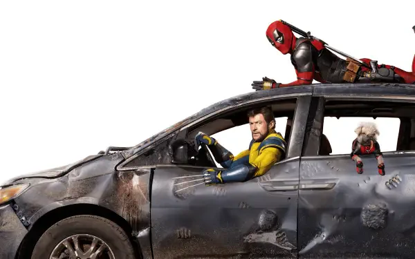 4K Ultra HD PC desktop wallpaper featuring Deadpool, Thor, and Rocket Raccoon on a battered car against a white background.