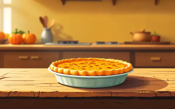 A beautifully rendered sweet potato pie sits on a rustic wooden table, surrounded by a warm, inviting kitchen backdrop, perfect for a 4K Ultra HD desktop wallpaper.