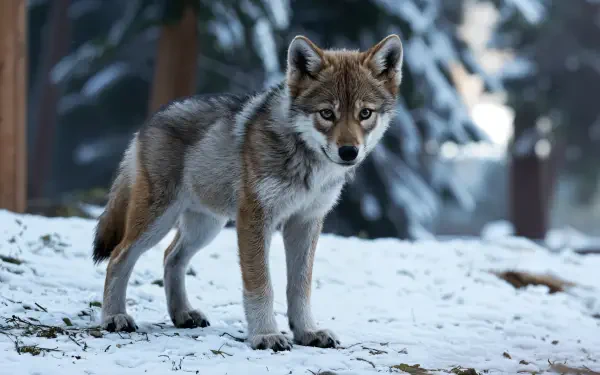 A wolf cub stands in the snow, surrounded by trees, showcasing its playful yet curious nature. This image makes a striking 4K Ultra HD desktop wallpaper and background.