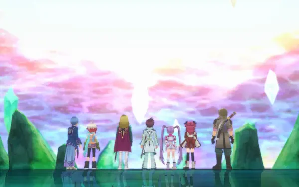 A vibrant scene from Tales of Graces f Remastered, featuring characters gazing at a colorful sky, set against a backdrop of lush green hills and crystalline structures. HD PC desktop wallpaper.