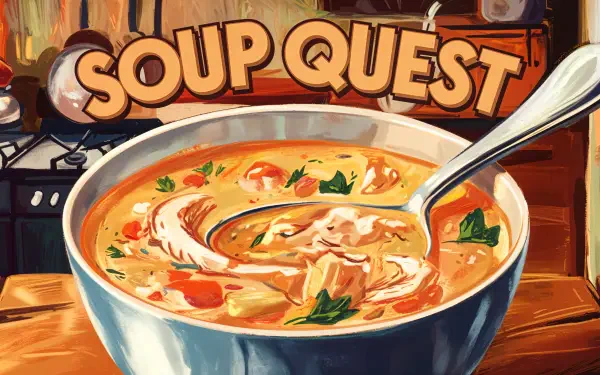 A vibrant 4K Ultra HD wallpaper featuring a bowl of hearty soup, garnished with herbs and chicken, accompanied by the bold text Soup Quest in an inviting kitchen setting.