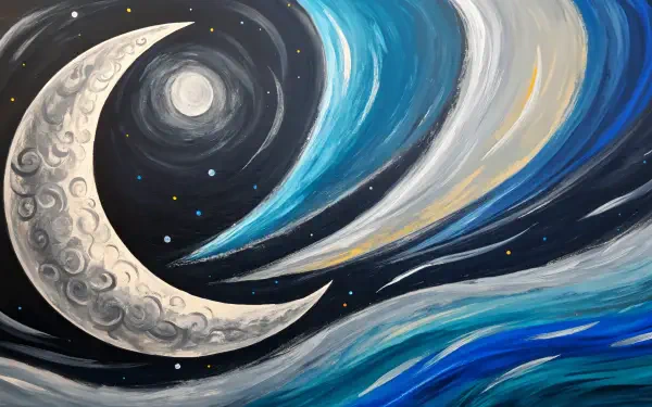 A stunning 4K Ultra HD desktop wallpaper featuring a crescent moon amidst swirling waves of blue and gray, set against a starry night sky.